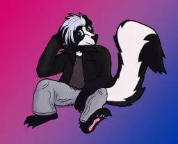 A masculine punk skunk sitting comfy-like on the ground.