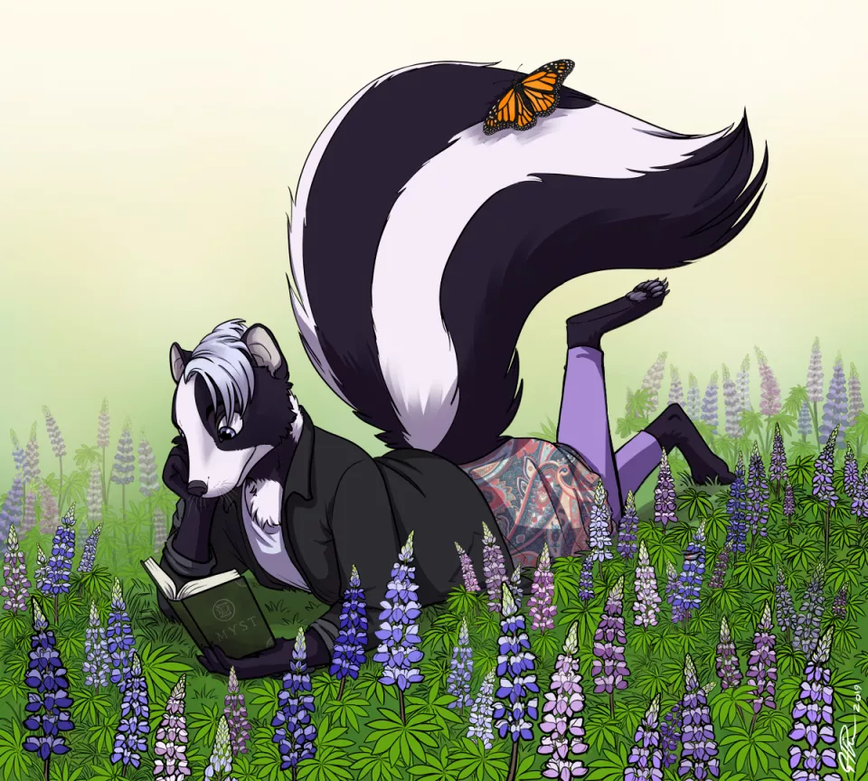 Drawing of skunk-me reading Myst: The Book of Ti'Ana in a field of lupine with a Monarch butterfly sitting on my tail. Drawn by G Pike