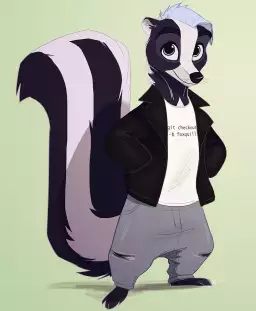 Masculine variant of skunk me, wearing a leather jacket and a T-shirt that says 'git checkout -b foxquill'