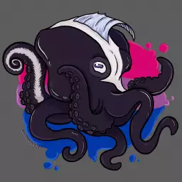 A skunk-patterned octopus with a slightly fluffy rear tentacle, with the bi flag painted behind.