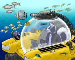 Masculine variant of skunk me sitting in a Triton submersible, looking at all the tropical fish around me.